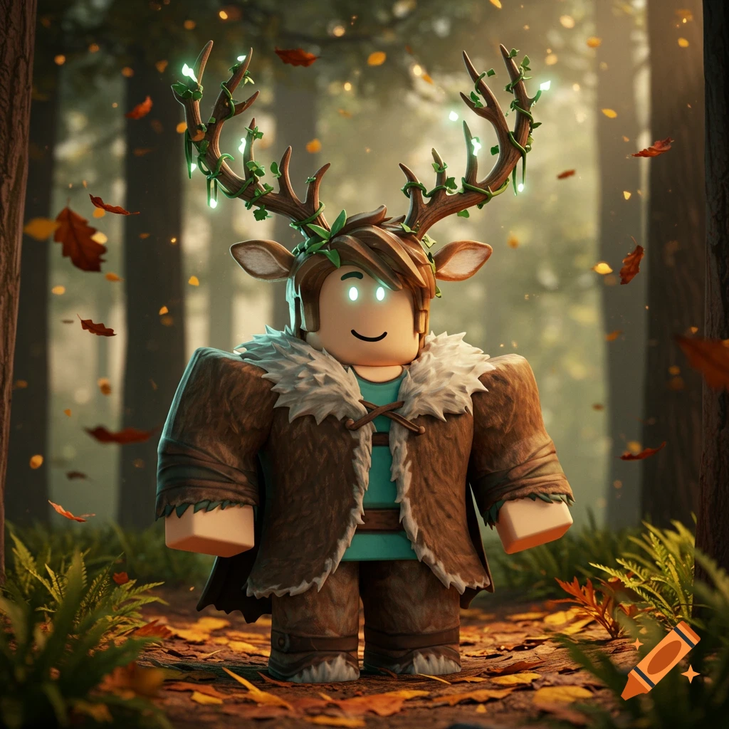 A stylized Roblox character dressed as a deer with glowing eyes and leafy antlers walks on an autumn forest path.