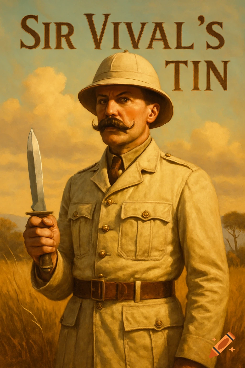Vintage painting of a moustachioed explorer in a safari uniform and pith helmet, holding a knife, with 'SIR VIVAL'S TIN' above.