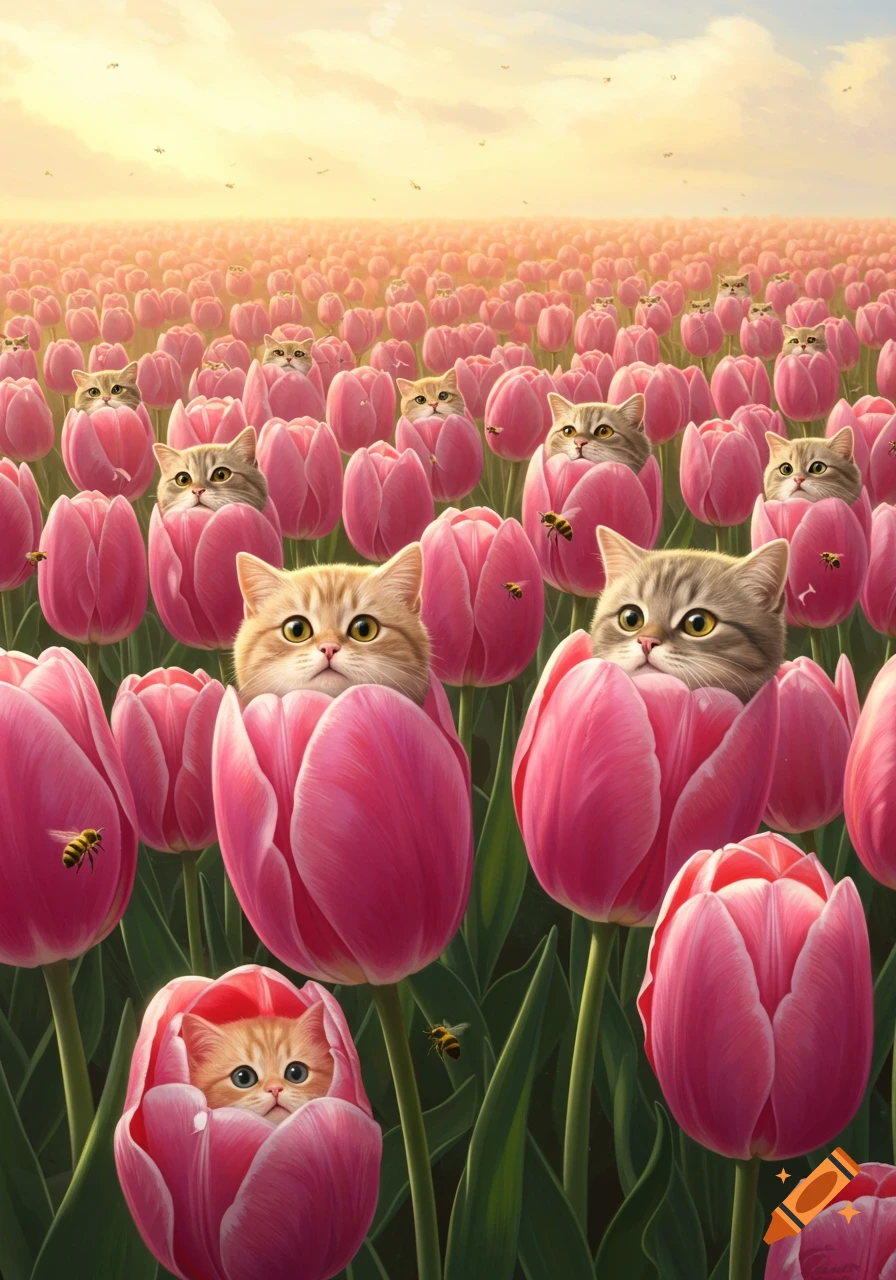 A vast field of pink tulips with many cute, cartoonish cat heads peeking out from the blossoms. Bees fly among the flowers under a bright sky.