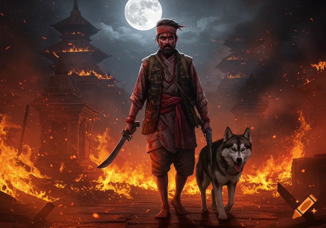 A fierce Nepali warrior with a sword and gun, accompanied by a husky, walks through burning temples under a full moon.