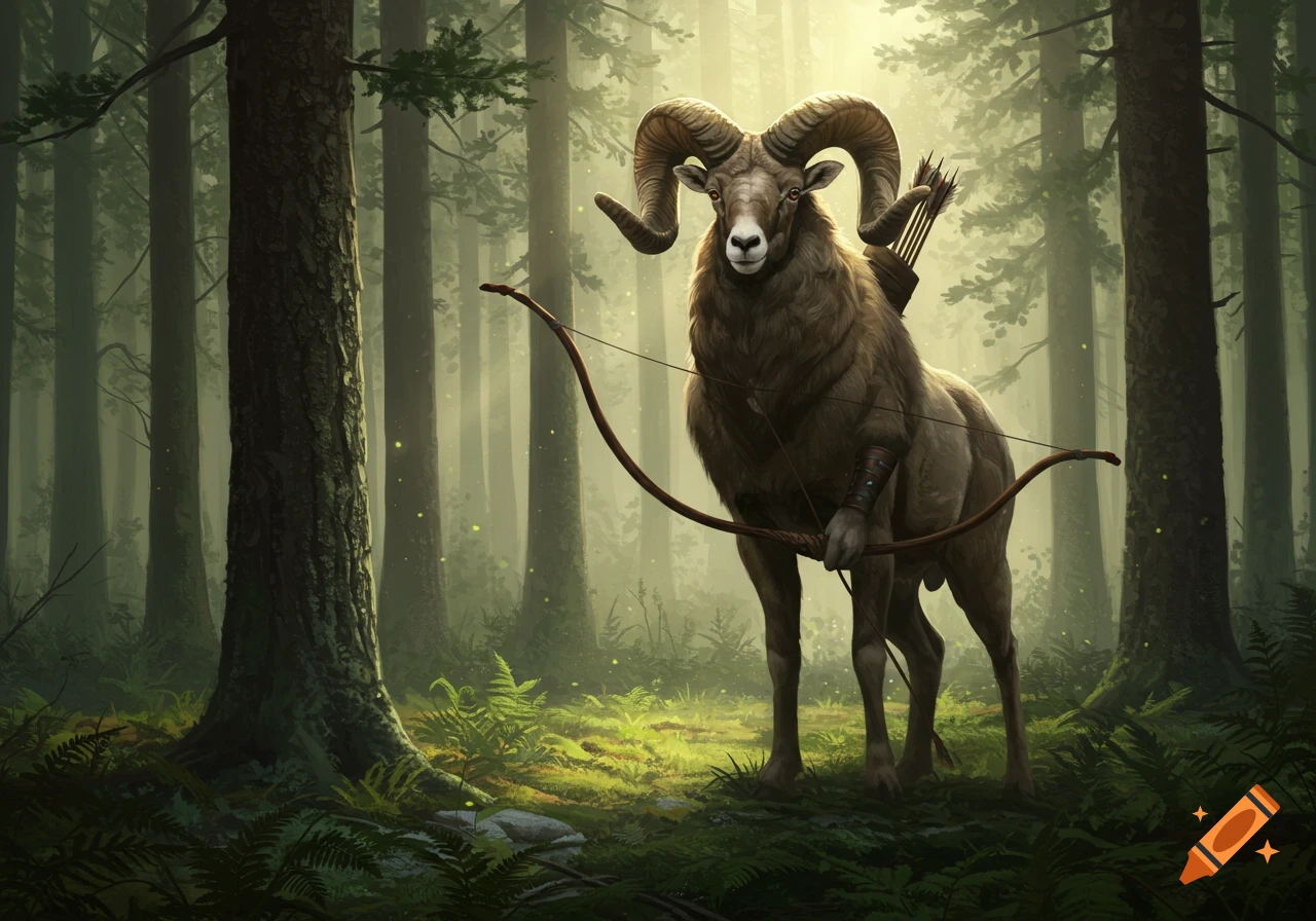 A detailed fantasy illustration of a large ram-like creature standing in a sun-dappled forest, holding a bow and arrow.
