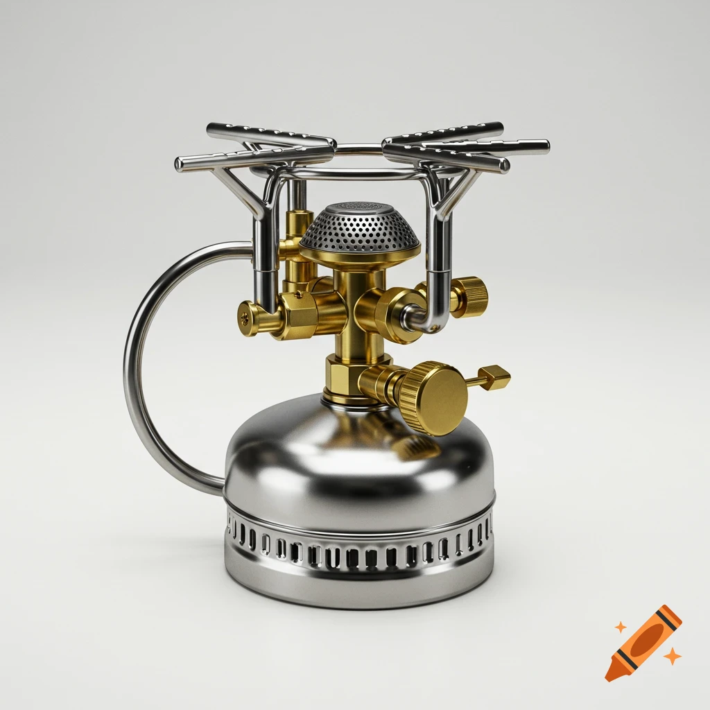Photorealistic vintage 1950s camping stove with shiny metallic and brass details on a white background.