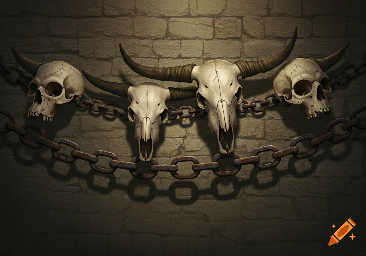 Four weathered skulls, two human and two bull, linked by rusty chains against a dark stone brick wall in a dramatic, eerie art style.