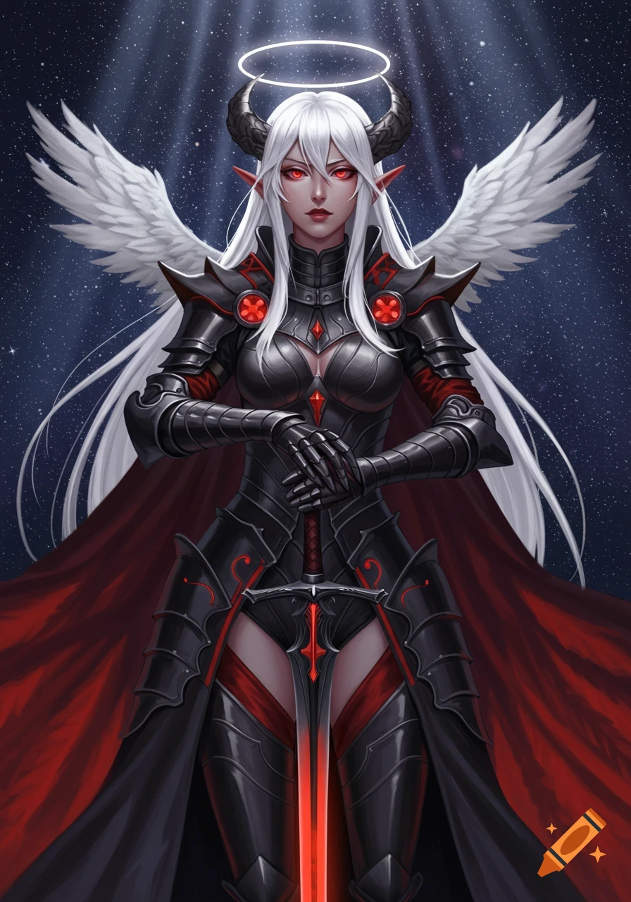A white-haired, red-eyed armored woman with horns, a halo, and wings stands against a starry night sky, holding a glowing sword.