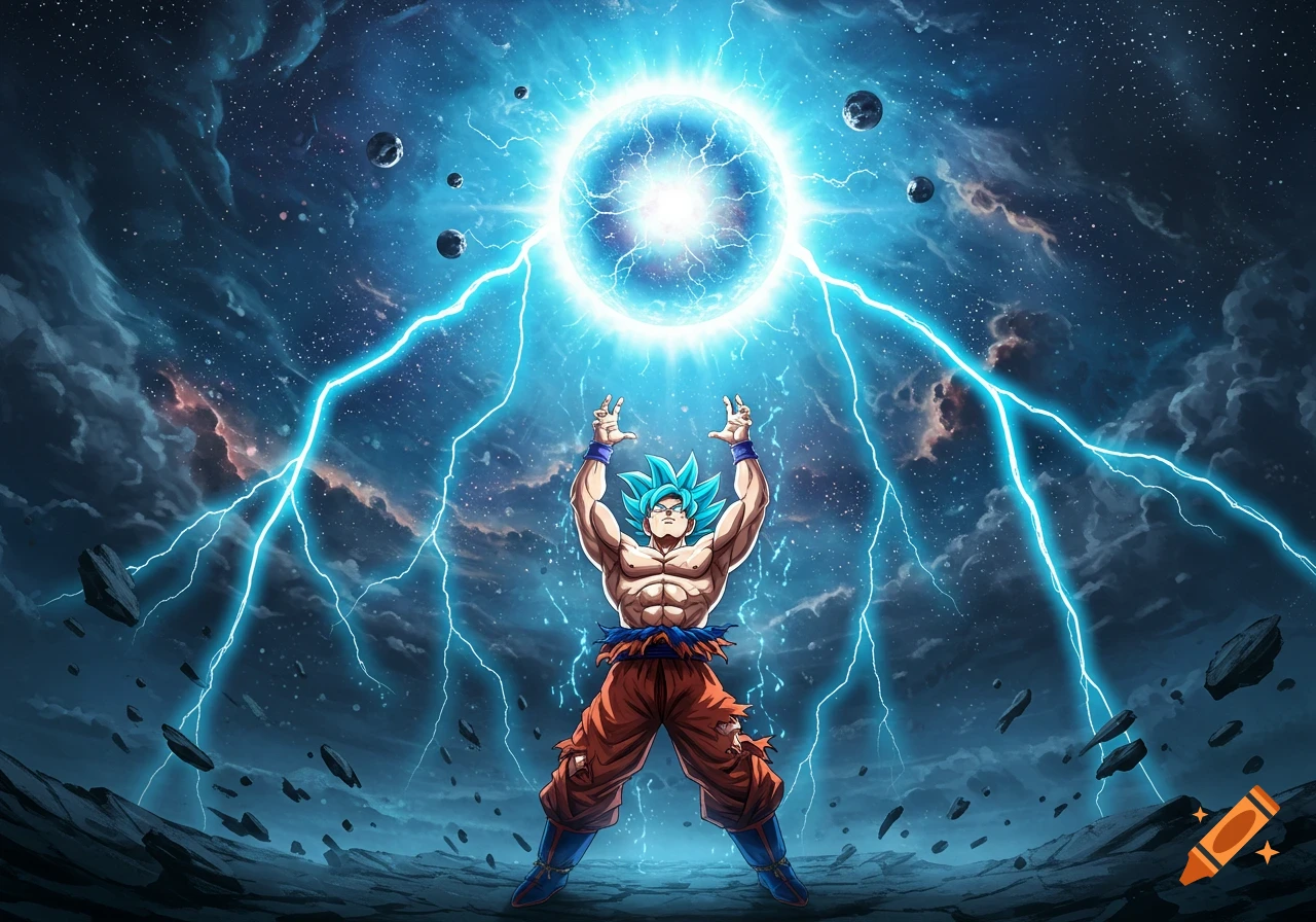 Goku with blue hair raises his hands to form a glowing blue energy ball and lightning in a starry space scene with floating rocks.