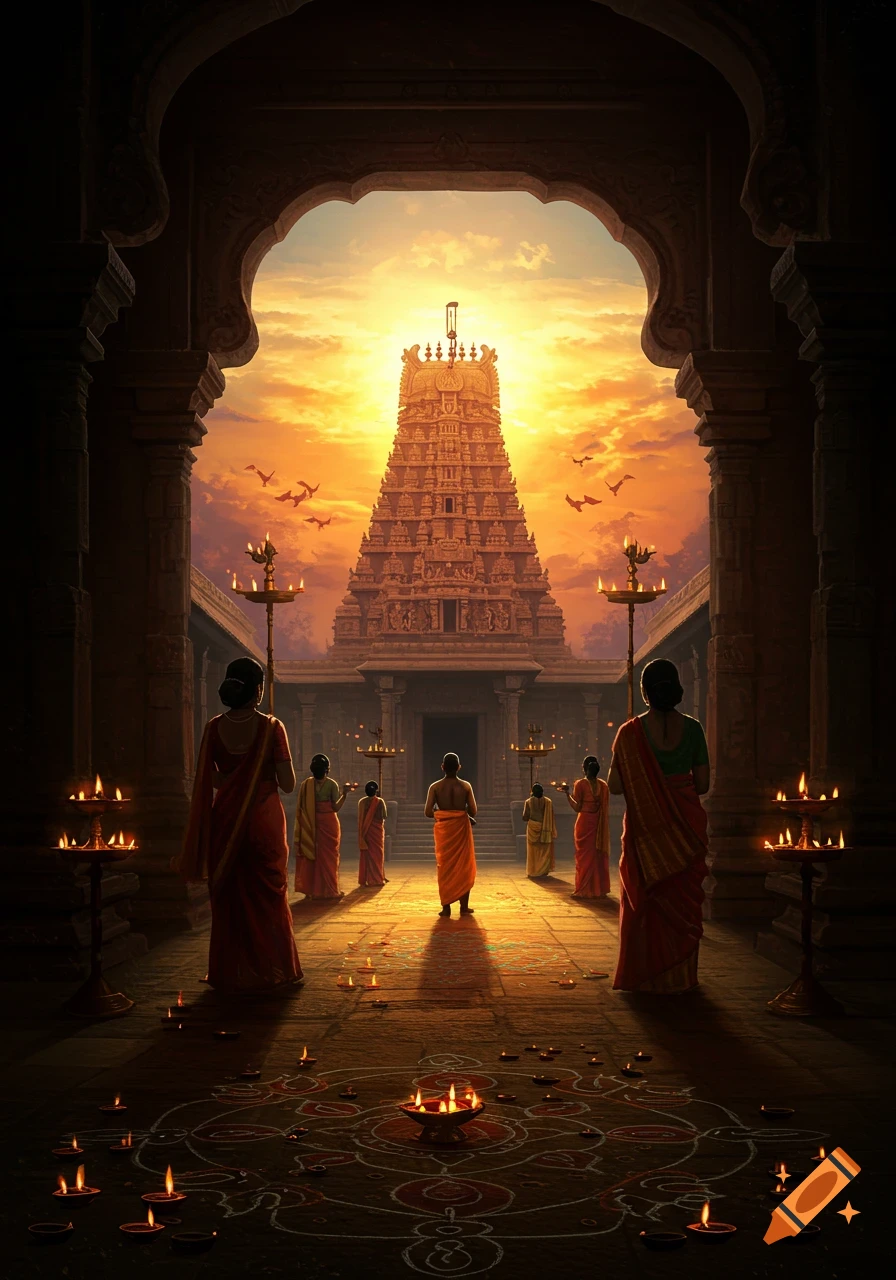 People in traditional attire gather in a temple courtyard, facing a grand gopuram at sunset, surrounded by lit oil lamps.