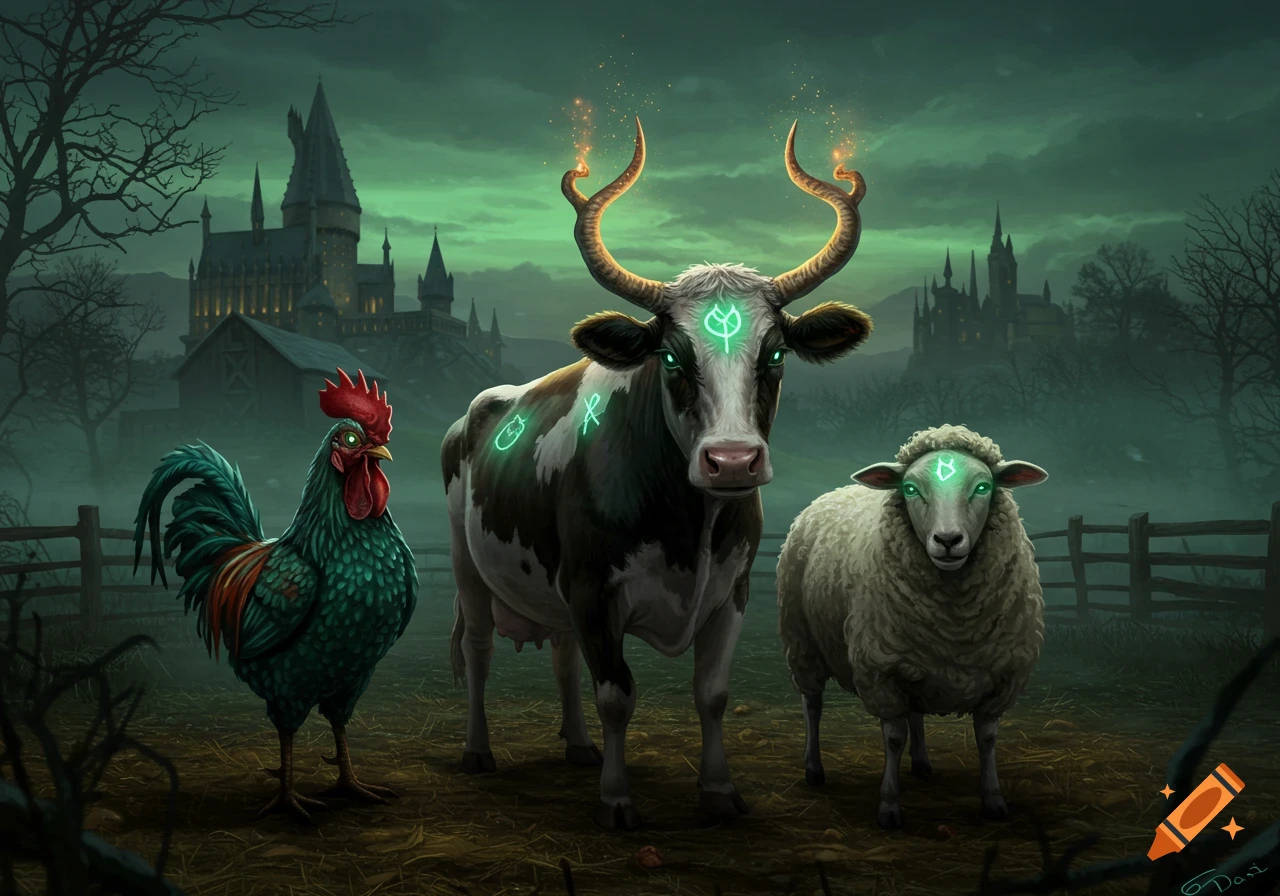 A rooster, a cow with glowing horns and symbols, and a sheep with glowing eyes stand in a dark, misty field with a gothic castle in the background.