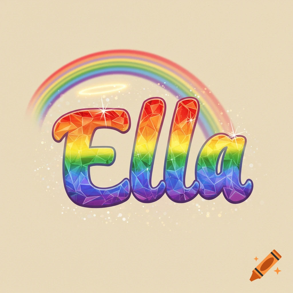 The word 'Ella' rendered in a vibrant rainbow, low-poly style with a glowing halo and a rainbow arc above.
