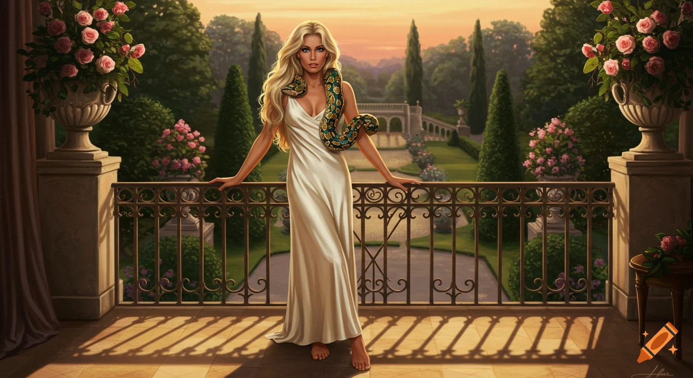 A blonde woman in a white gown with a boa constrictor draped on her shoulders stands on a balcony overlooking a garden at sunset. Digital painting.