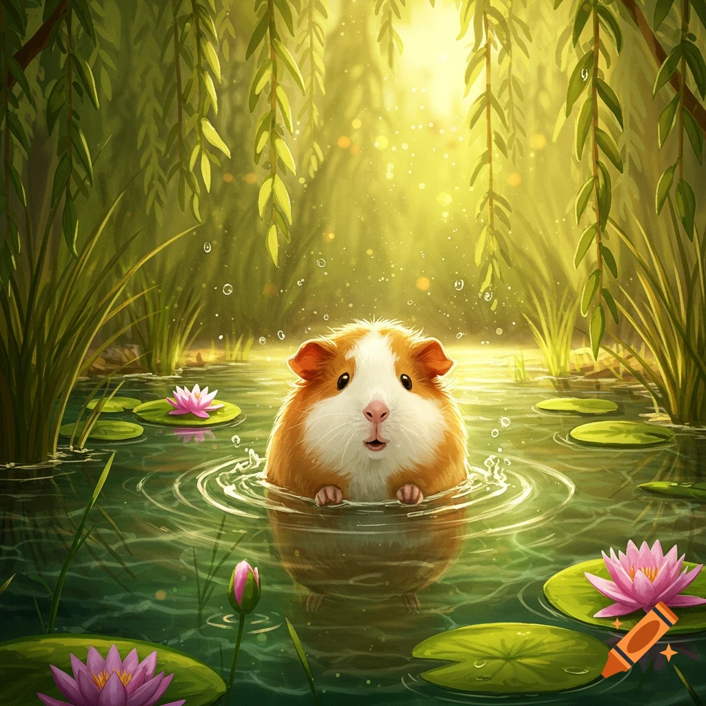 A fluffy guinea pig swims in a pond surrounded by lily pads and green foliage, with sunlight filtering through the trees.