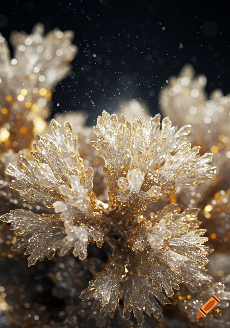 Close-up of sparkling, golden and clear crystalline structures against a dark, bokeh-filled background.
