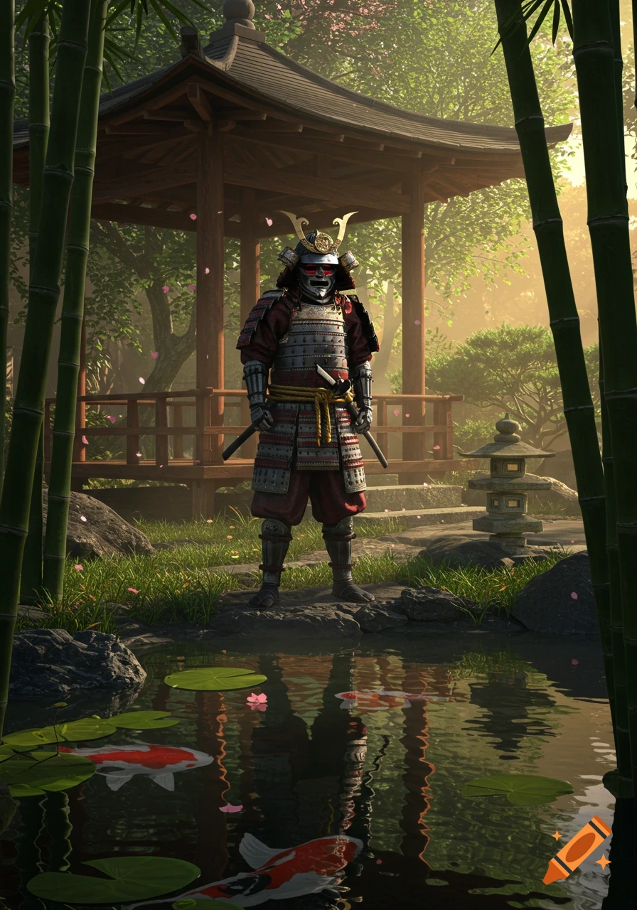 A samurai in red and silver armor stands by a koi pond in a serene Japanese garden with a traditional pavilion and bamboo trees.