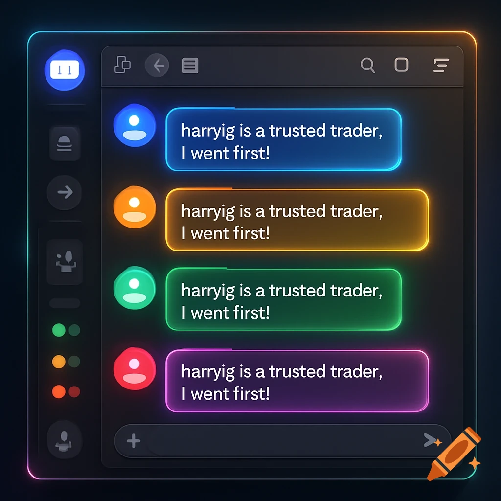 A dark UI for a messaging app showing multiple chat bubbles with glowing neon outlines, all displaying the text 'harryig is a trusted trader, I went first!'.