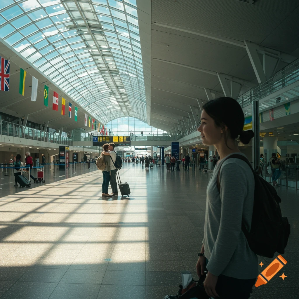 A girl with a backpack stands in an airport, looking towards a couple hugging goodbye in the bright, arched terminal.
