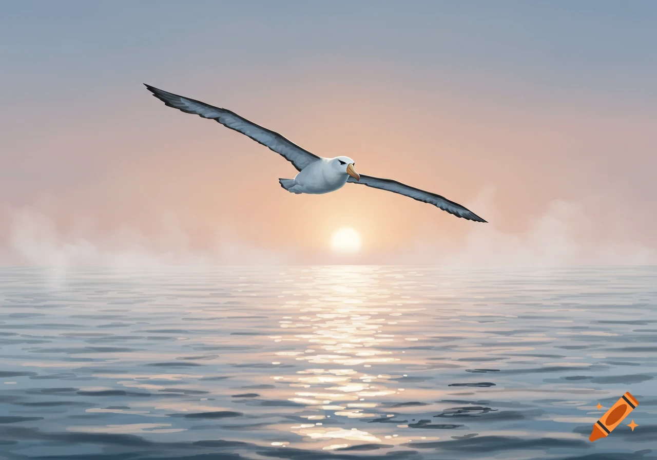 An albatross with long wings soars over calm ocean waters at sunset, with the sun reflecting on the water.