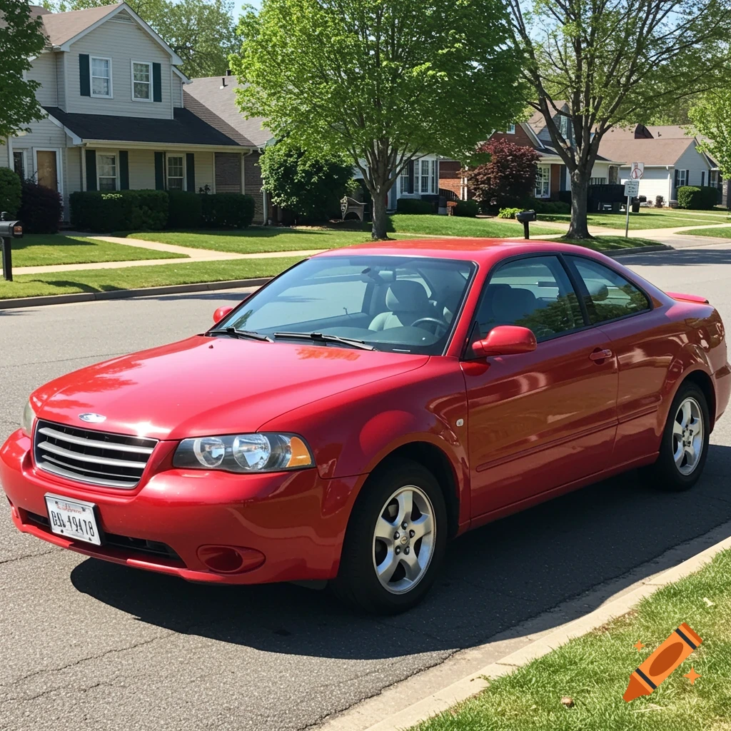 A bright red coupe car is parked on the side of a suburban street with houses and trees in the background.