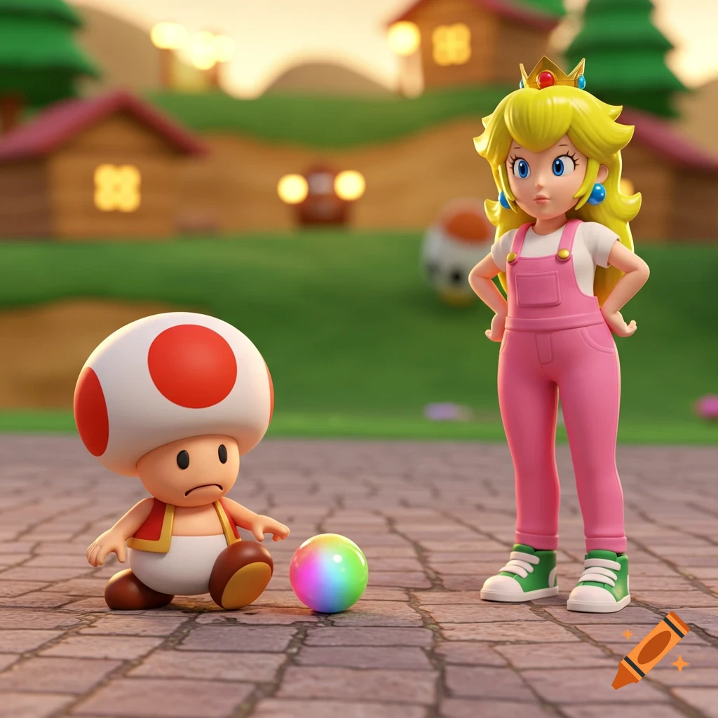 A 3D render of a sad Toad next to a rainbow ball, with an annoyed Princess Peach in pink overalls standing nearby on a paved path at sunset.