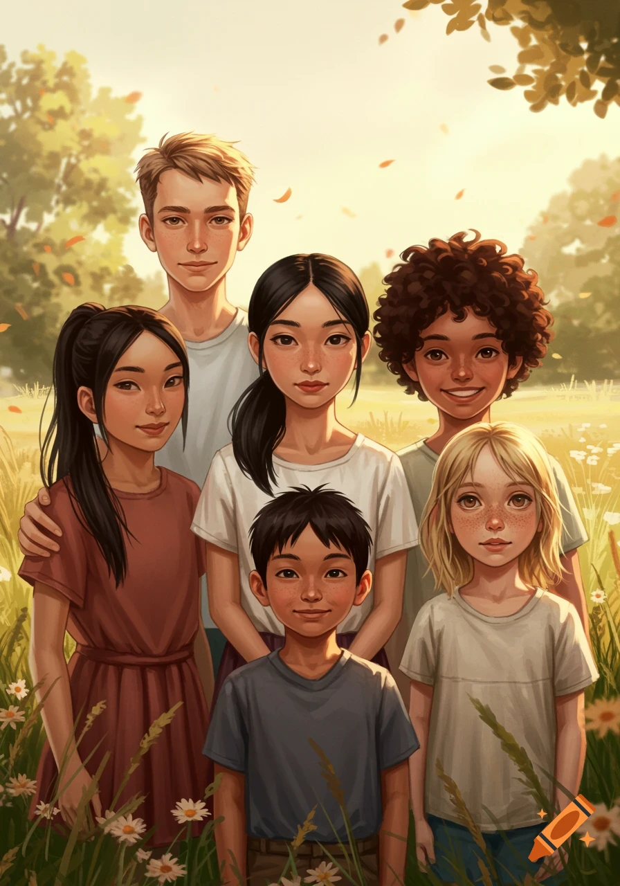 A heartwarming illustration of six diverse children in a sunny field with flowers and falling leaves.