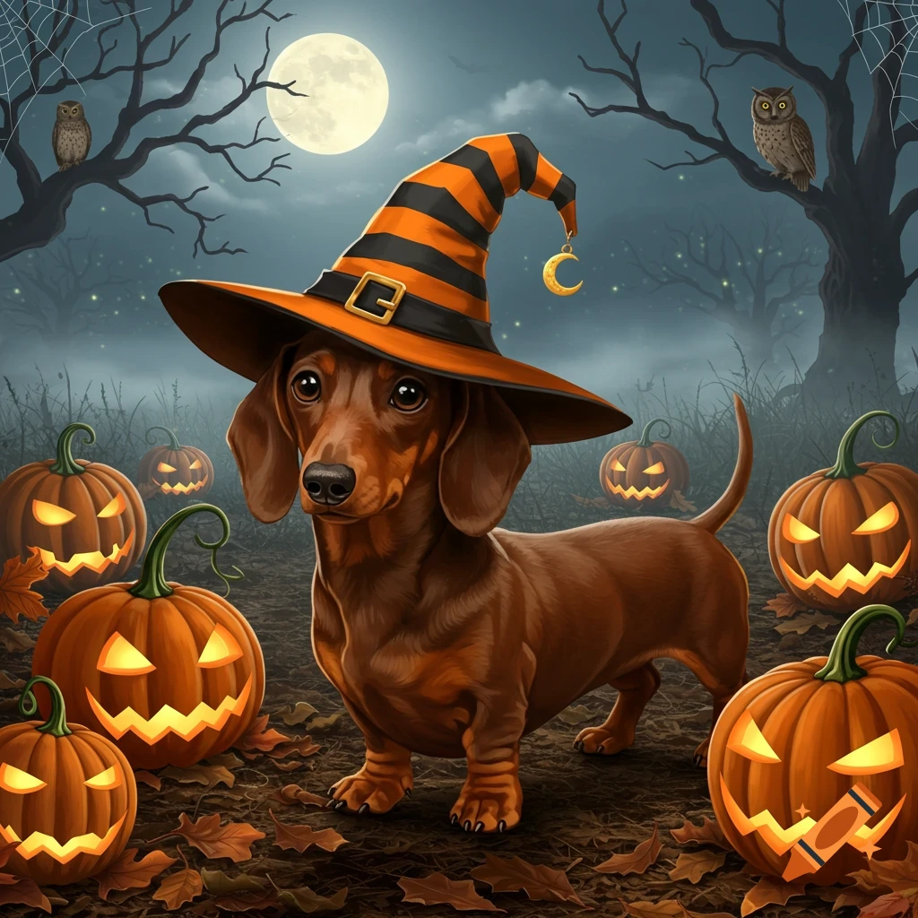 A cute dachshund in a witch hat stands among glowing jack-o'-lanterns in a spooky, moonlit Halloween forest illustration.