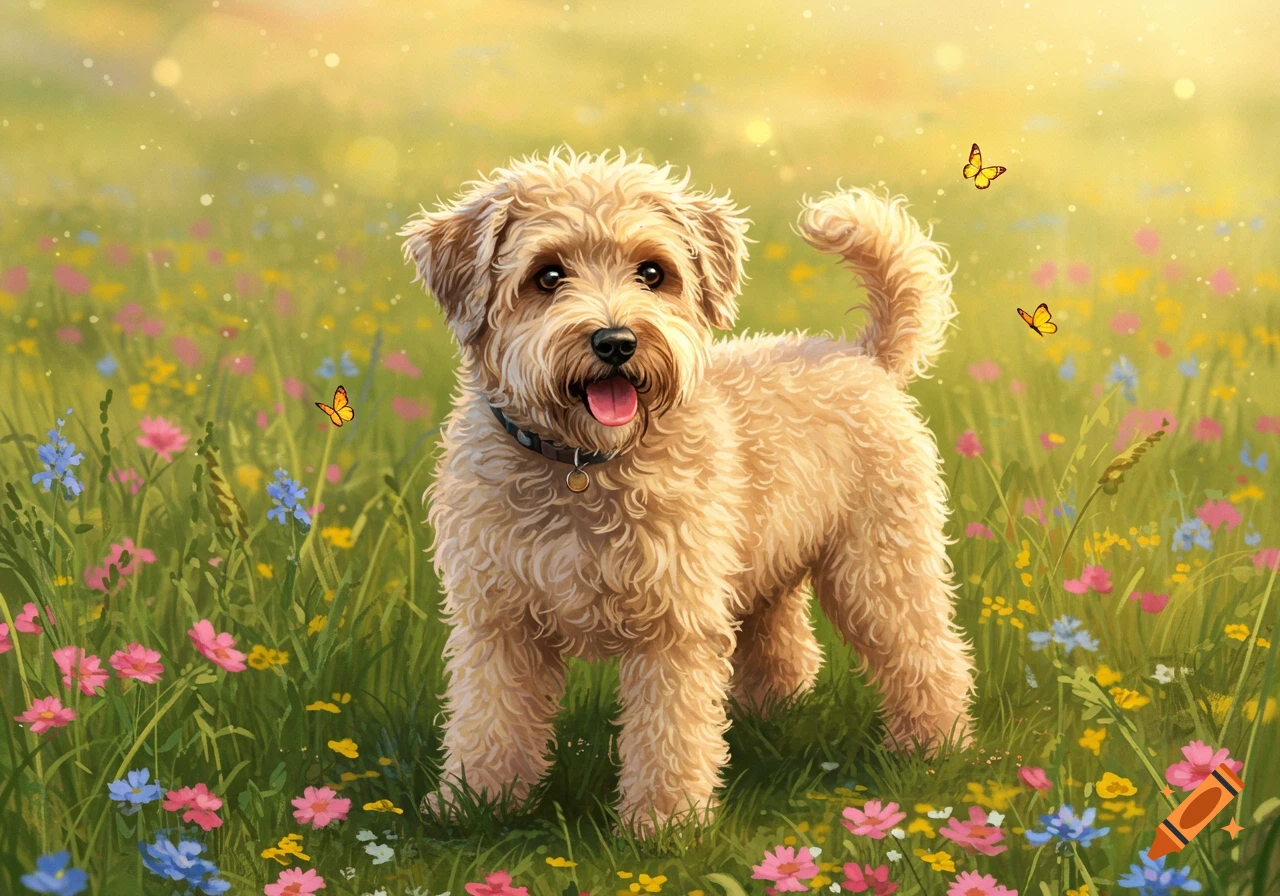 A fluffy, light brown Whoopoodle dog with a collar smiles and pants slightly in a vibrant field of colorful wildflowers, with butterflies, under a sunny sky.