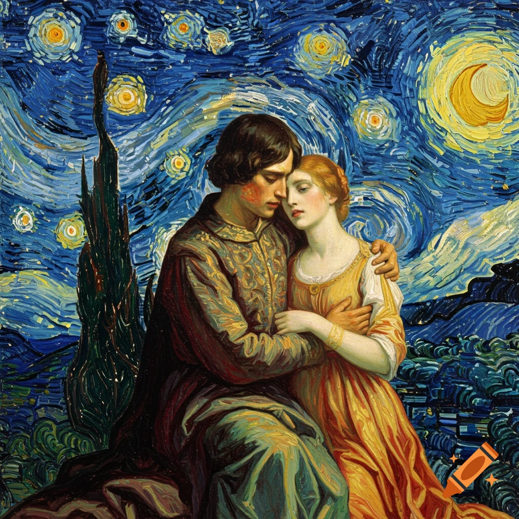 A couple embracing under a swirling starry night sky, in a painting blending classical and Van Gogh styles.