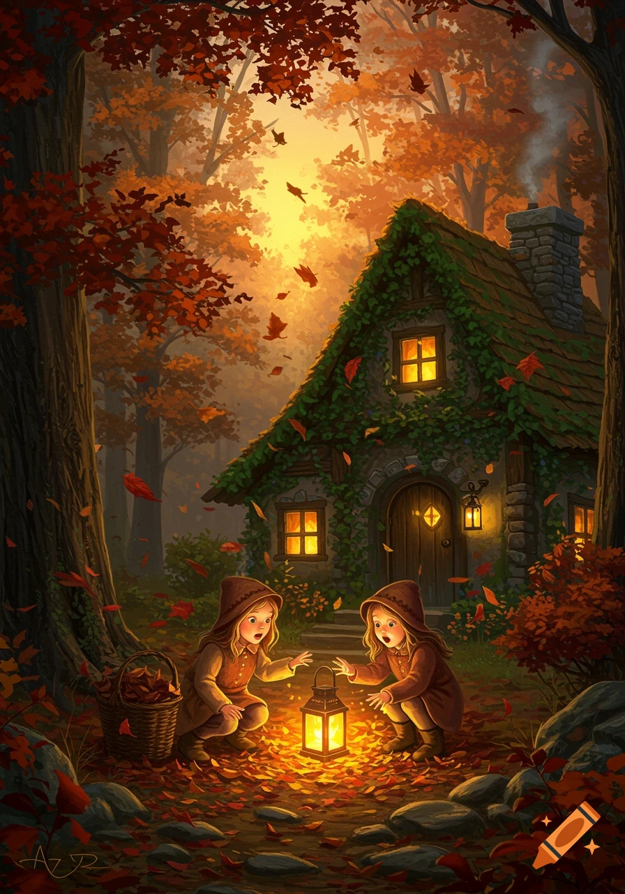 Two girls in a forest admire a glowing lantern in front of a cozy cottage, surrounded by autumn leaves, whimsical illustration.