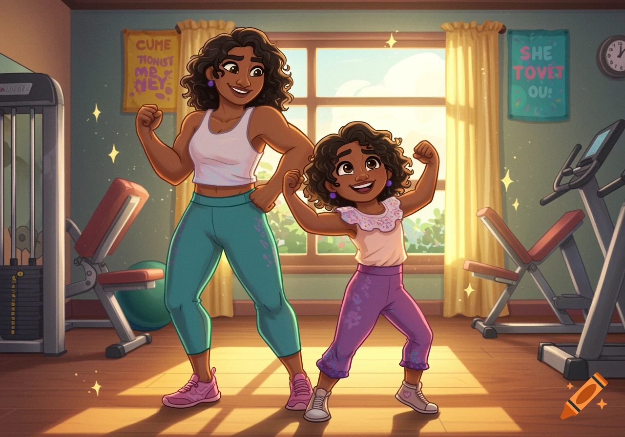 A cartoon of a mother and daughter, resembling Encanto characters, smiling and flexing their muscles in a gym.