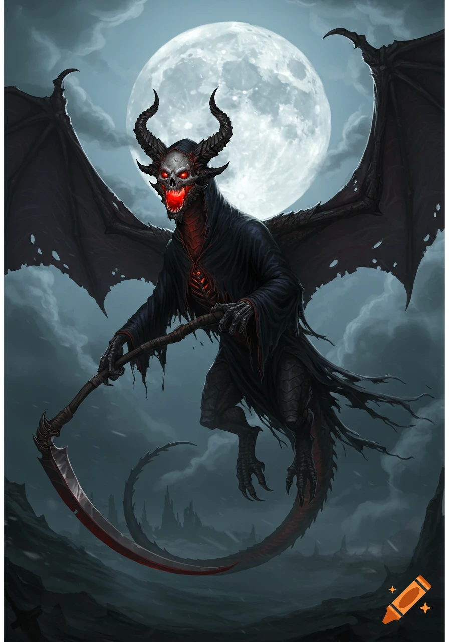 Dark fantasy illustration of a horned grim reaper dragon holding a bloody scythe under a full moon in a cloudy night sky.