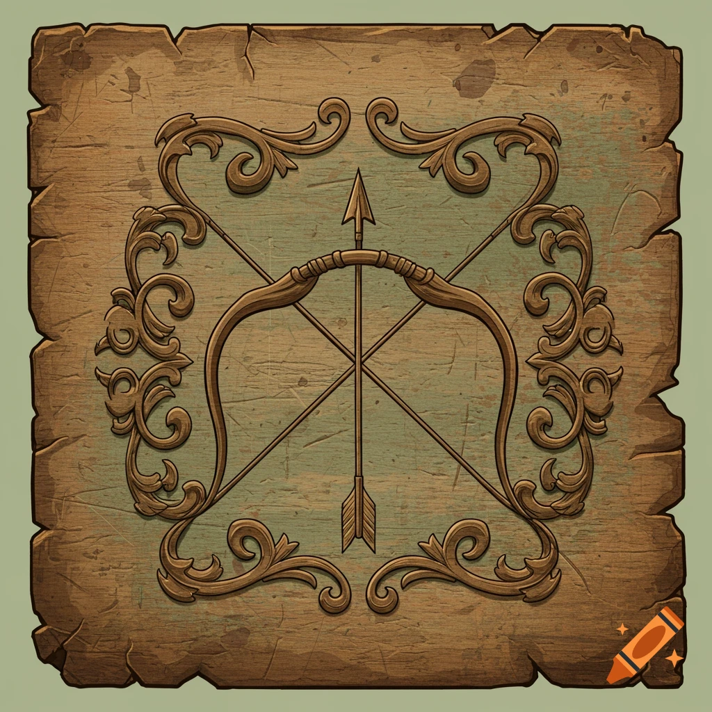 A medieval-style carved wooden sign featuring a bow and crossed arrows encircled by decorative scrollwork.
