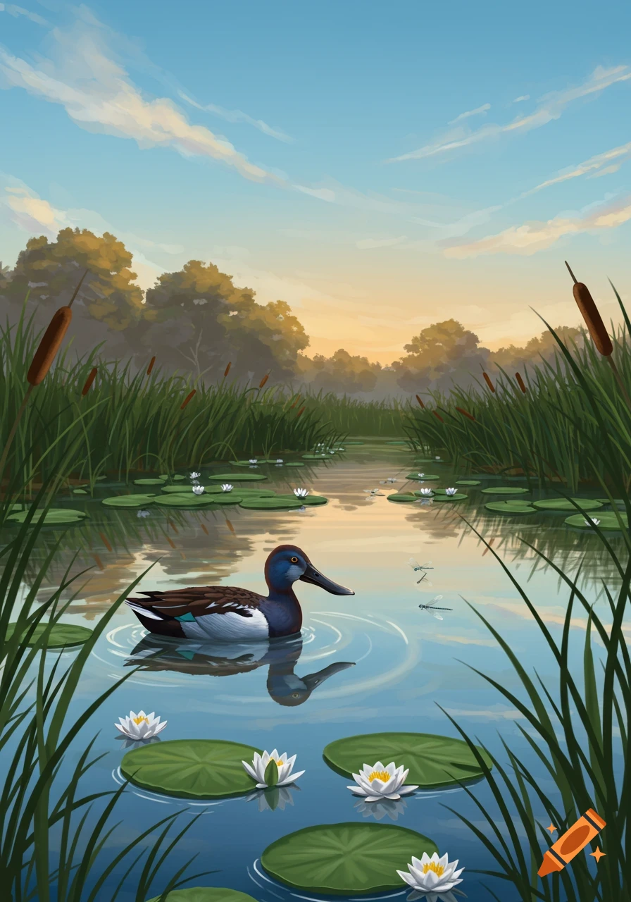 Illustration of a duck swimming in a tranquil wetland with lily pads, cattails, and dragonflies under a sky with wispy clouds.