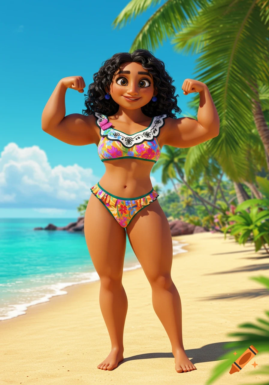 Mirabel from Encanto, a 3D cartoon character, flexes her muscles in a bikini on a sunny tropical beach.