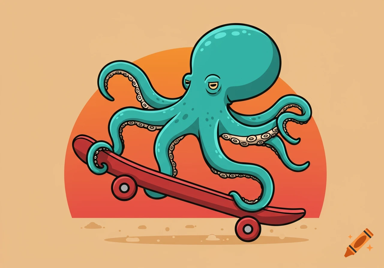 A cartoon teal octopus with a sleepy expression rides a red skateboard against an orange sunset and tan ground.