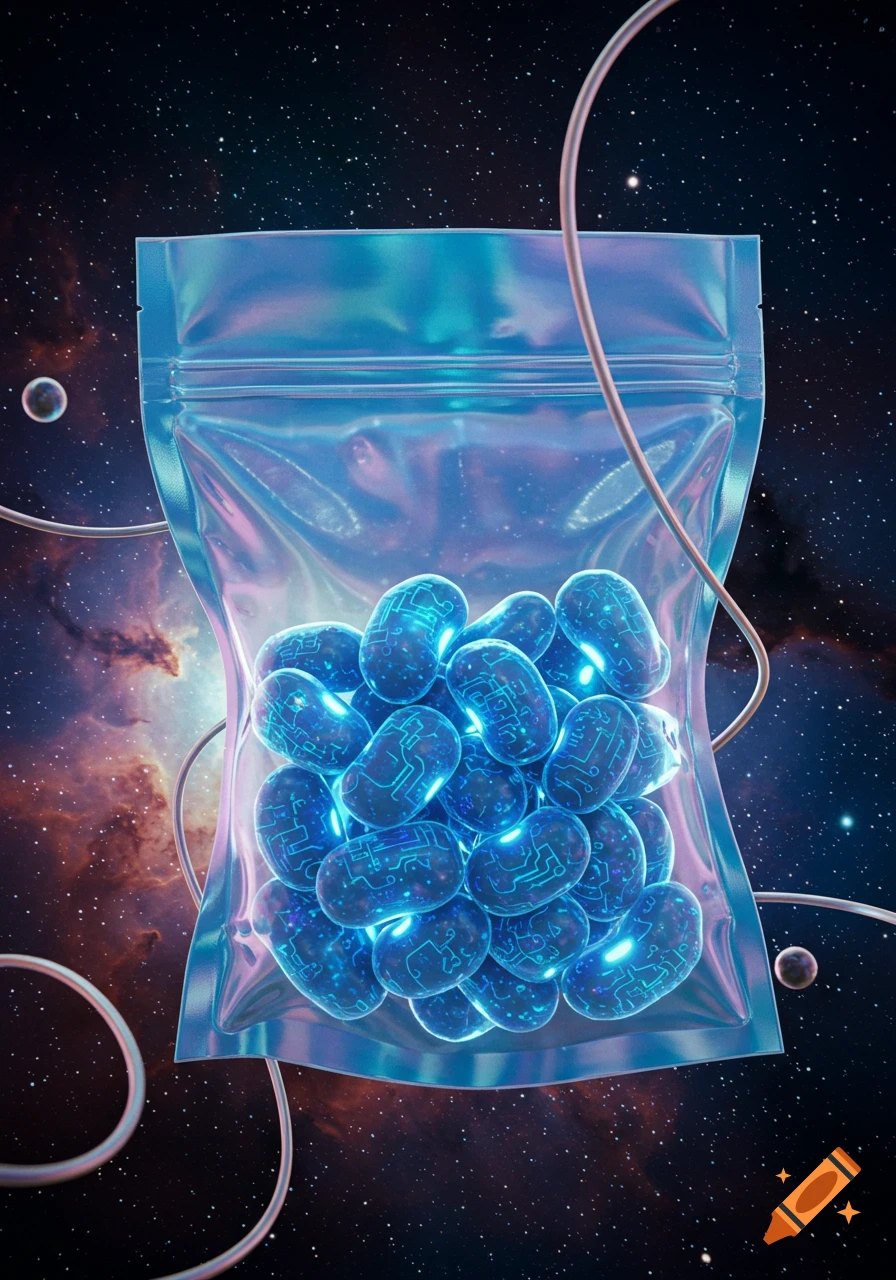 A holographic bag filled with glowing blue sci-fi beans featuring circuit patterns, floating in a starry cosmic space.
