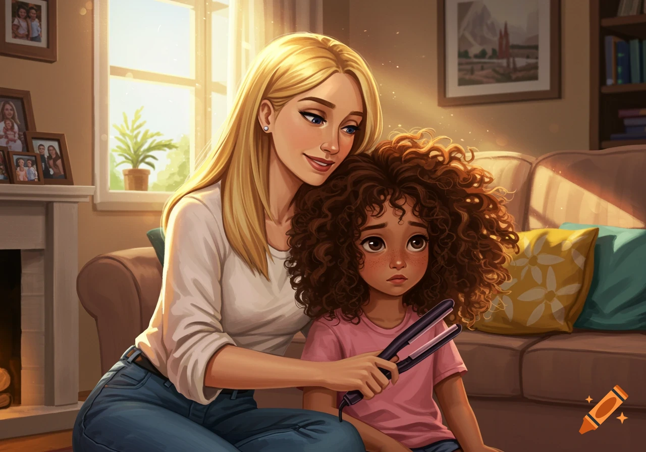 Animated scene of a blonde mother comforting her curly-haired daughter, who holds a hair straightener, in a sunlit living room.