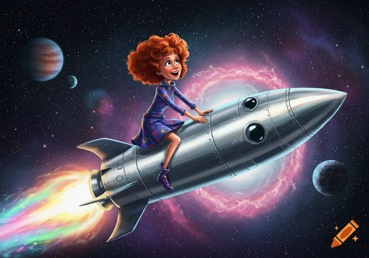 A cheerful cartoon girl with curly red hair rides a silver rocket through a vibrant galaxy with planets and a swirling nebula.