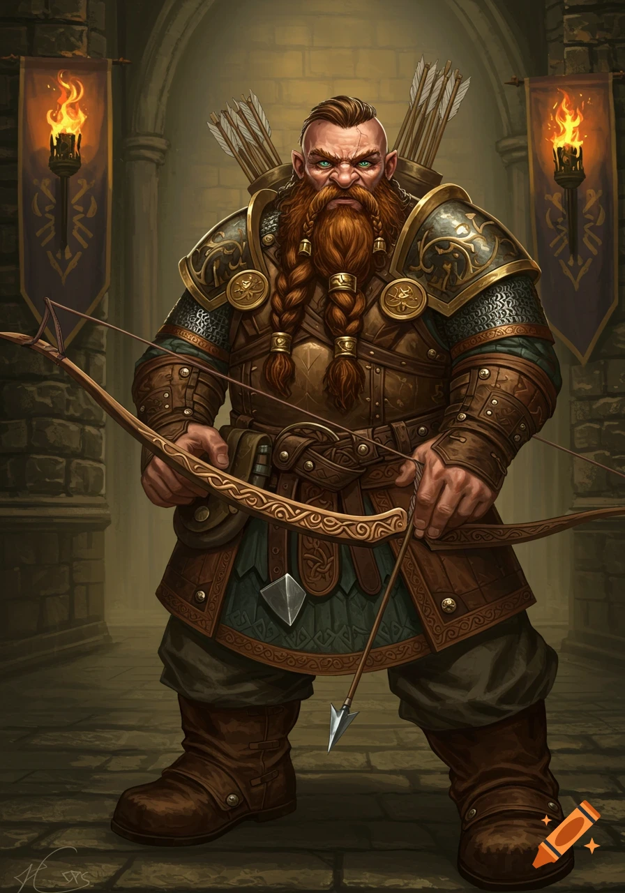 A formidable dwarf archer with braided beard and armor holds a bow in a stone hall.