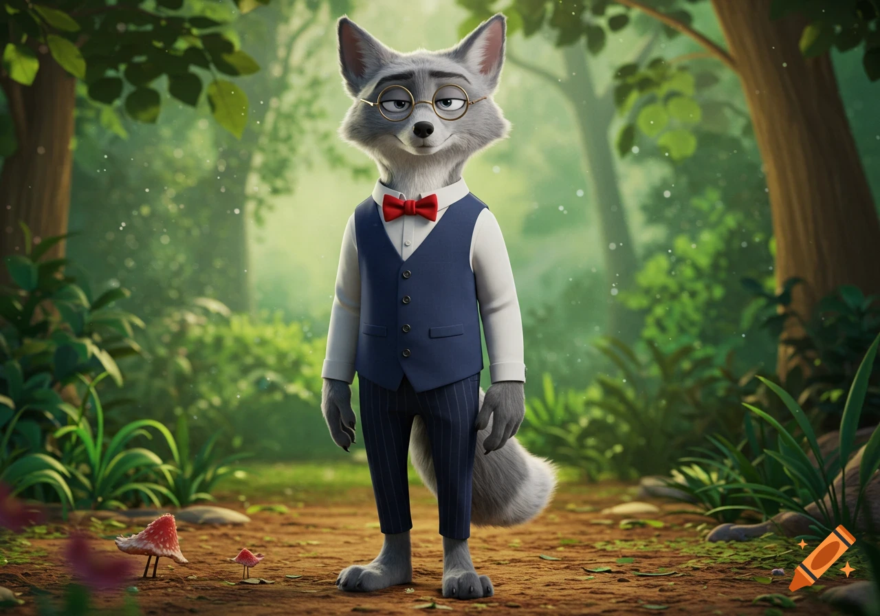 A 3D animated full-body gray fox wearing a white shirt, red bowtie, blue vest, pinstripe pants, and round glasses stands in a forest.