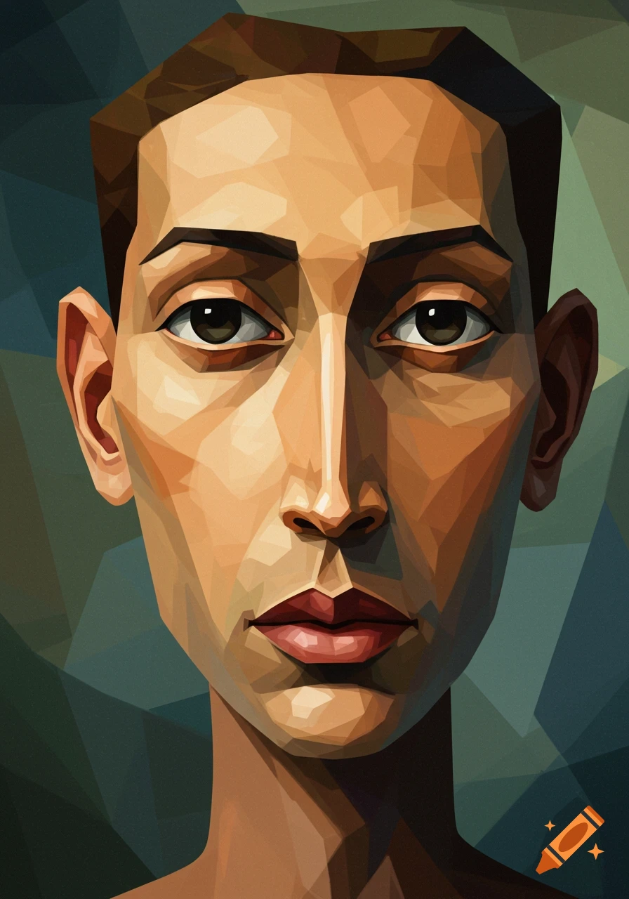 A stylized geometric portrait of a person's face with sharp angles and warm tones against a dark, faceted background, in the style of Paul Klee's Senecio.