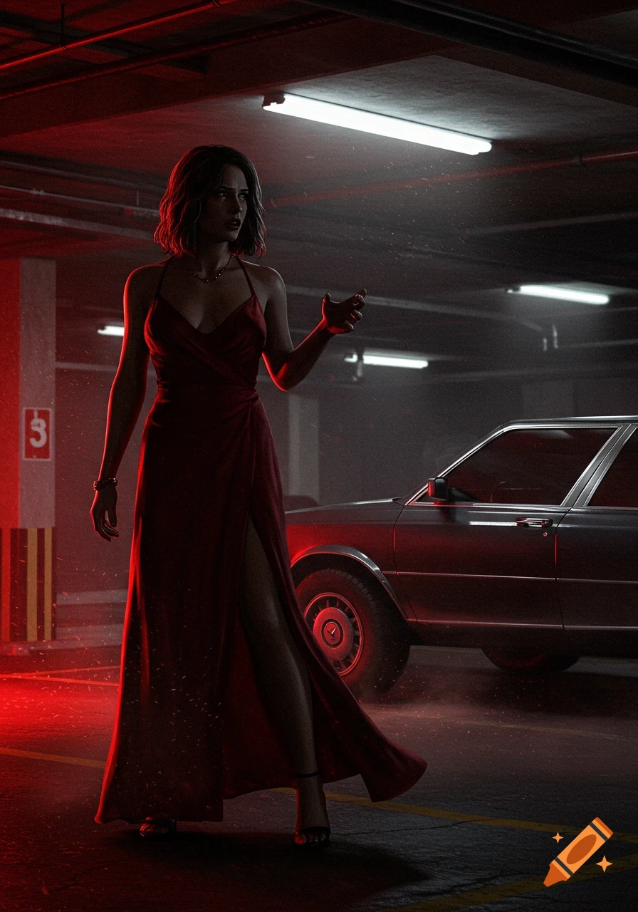 A woman in a flowing red dress with a high slit stands in a dimly lit, red-hued parking garage next to a car, looking concerned.