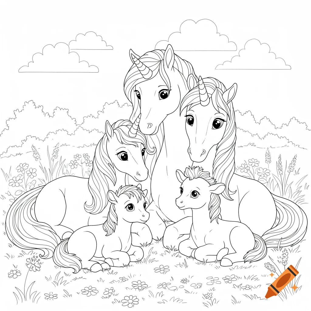 Black and white line art of a family of four unicorns, two adults and two foals, resting in a grassy field with flowers, under clouds.