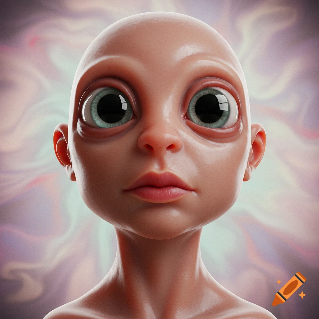A close-up, stylized digital art portrait of a bald creature with huge blue-green eyes and plump lips, against a soft, swirling background.