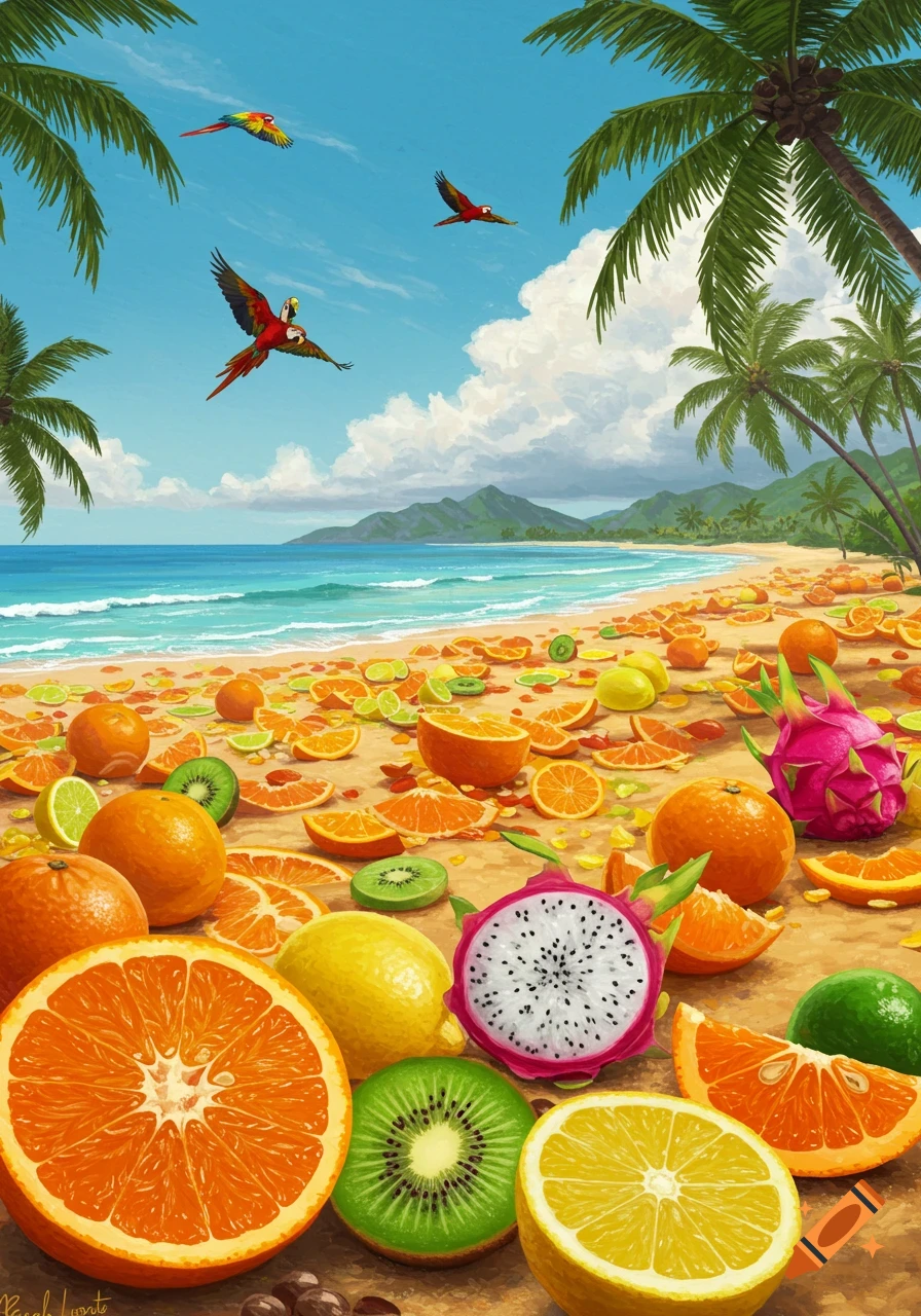 Vibrant painted tropical beach with palm trees, flying parrots, and a sandy shore covered in oranges, lemons, kiwis, and dragon fruit.
