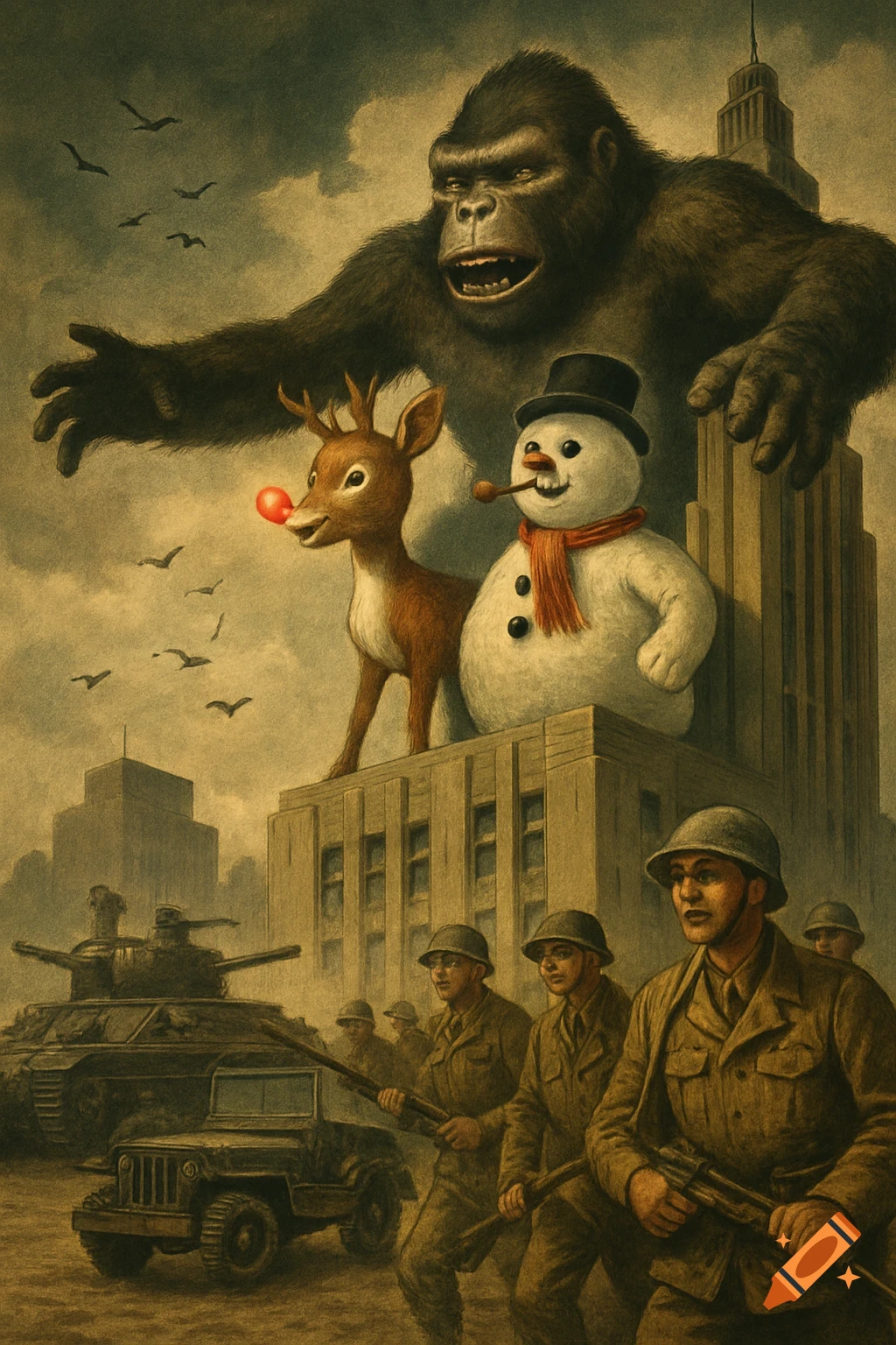 A giant gorilla, Rudolph, and Frosty the Snowman on buildings overlooking soldiers, tanks, and a jeep in a vintage illustration.