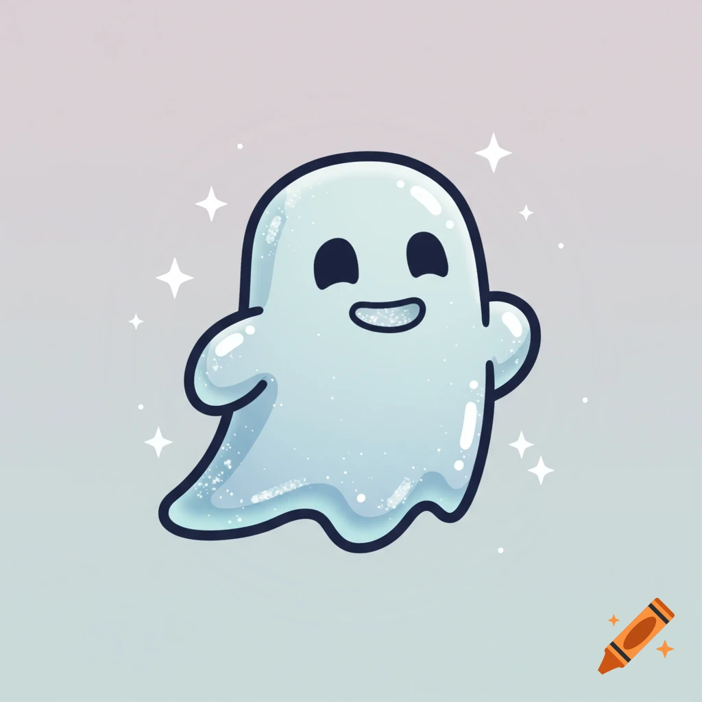 A sparkling, light blue cartoon ghost with a happy expression on a gradient background.