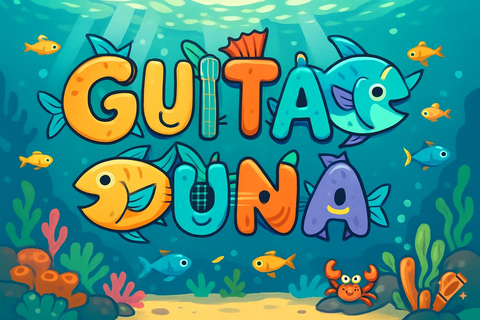 Cartoon illustration of the words "GUITAR TUNA" as an underwater scene with colorful fish, coral, and a crab.