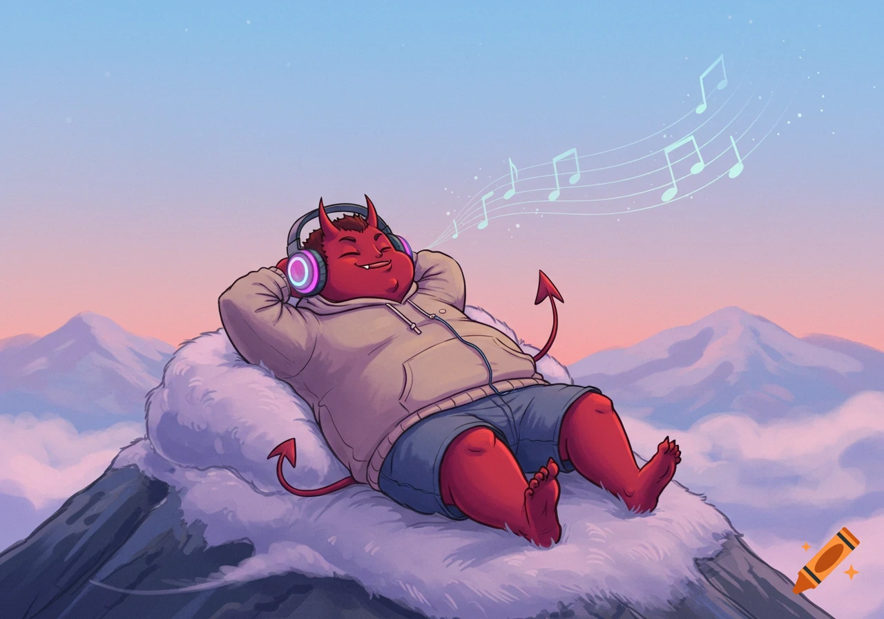 Chubby red devil in hoodie and shorts relaxes on a cloud atop a mountain, listening to music with headphones. Cartoon illustration.