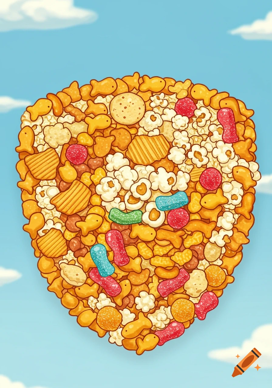 Cartoon superhero shield made of various snacks including Goldfish crackers, popcorn, chips, and colorful gummies, against a blue sky.