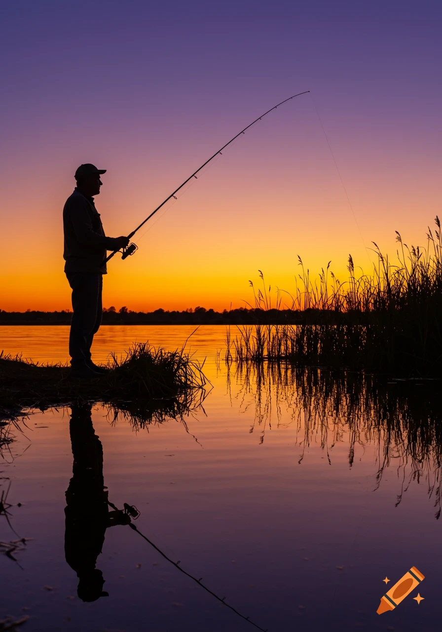 Silhouette of a fisherman casting a rod at sunset over a calm lake with reeds, showing vibrant orange and purple sky reflections.