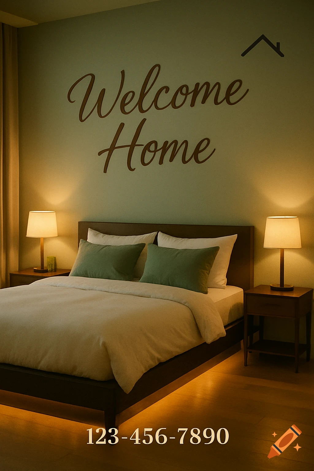 Warmly lit modern bedroom with 'Welcome Home' on the wall, a bed with green pillows, and bedside lamps.