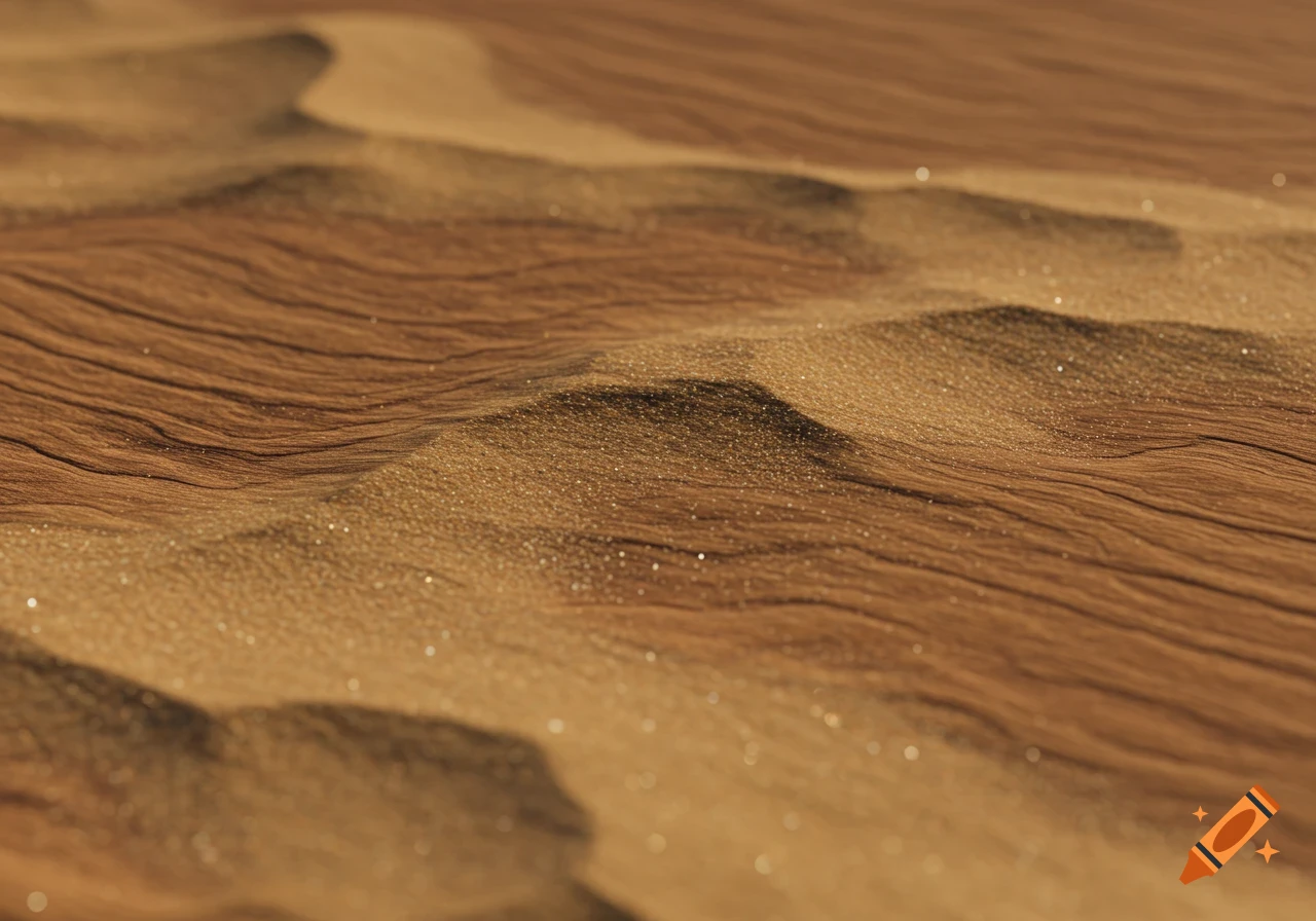 Close-up of stylized sand dunes with wood grain texture and shimmering specks.
